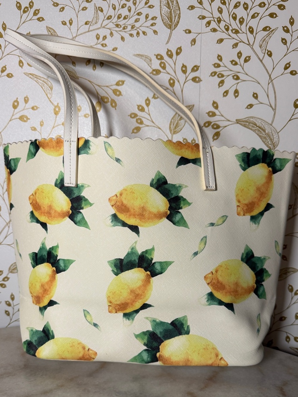 Cream Lemon-Print Tote Bag with White Handles